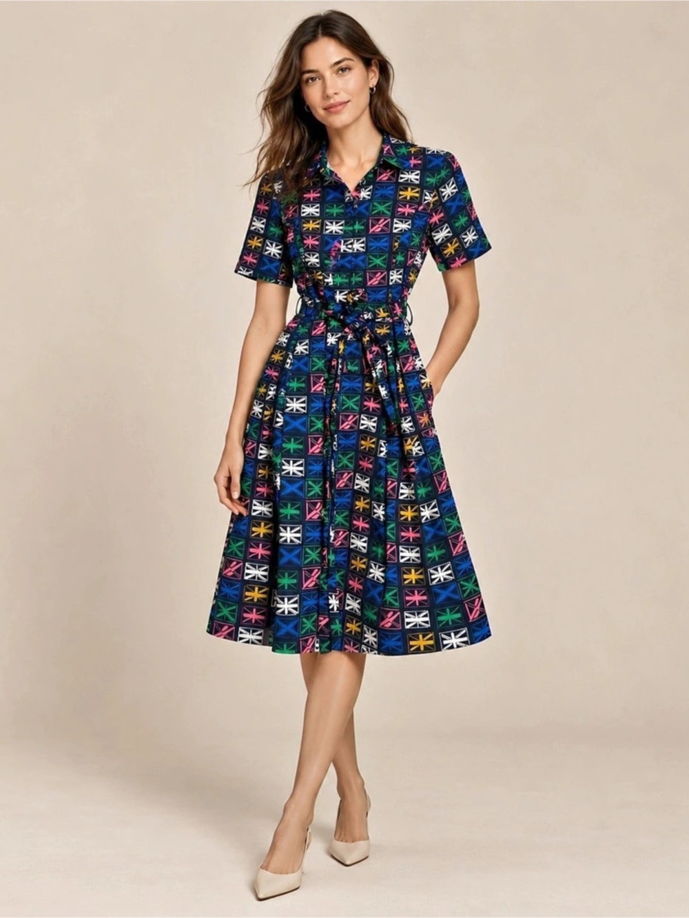 Boden Navy Blue & Multicolor Geometric Print Short Sleeve Mini Shirt Dress Sz 2
